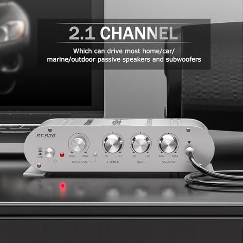 ZPZGOG 2.1ch Compact Audio Amplifier, 20W + 20W + 40W Output, Subwoofer Compatible, Hi-Fi Stereo, 2.1ch Power Digital Amplifier, High-Heat Dissipation