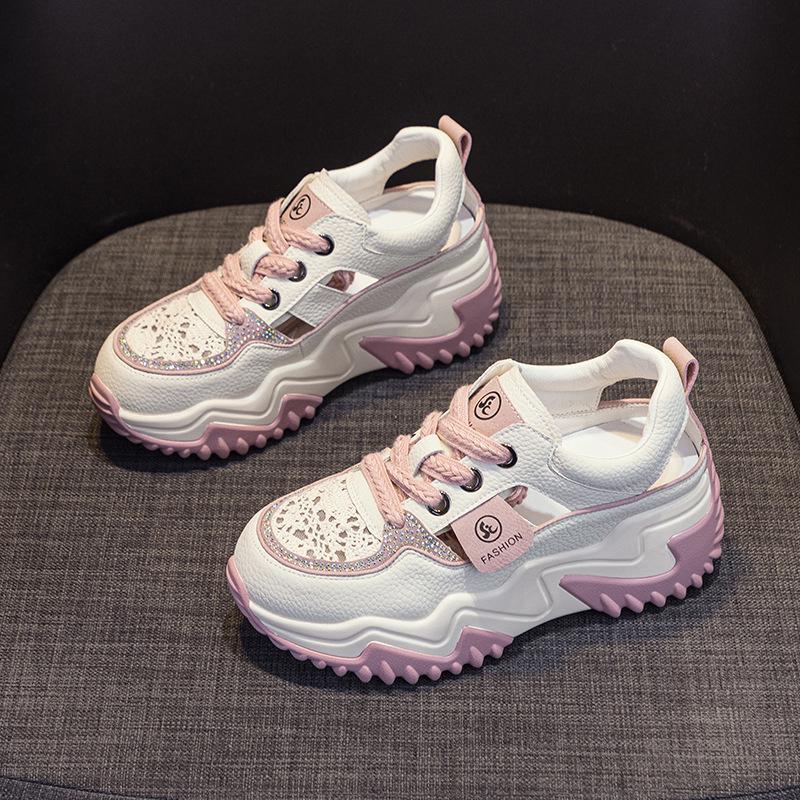 Women's Retro Thick Sole Rhinestone Leather Sandals - Summer 2025 Collection