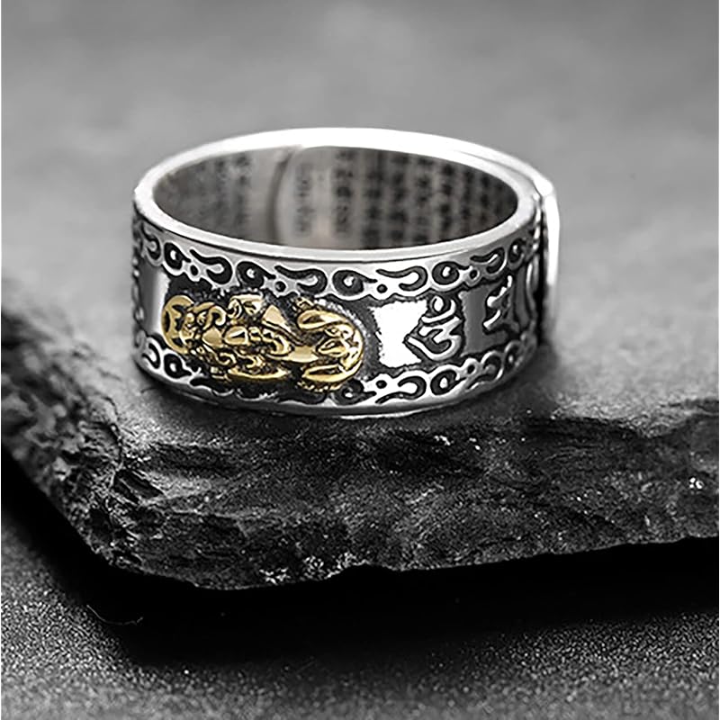 [Woffoly] Feng Shui Pixiu Mantra Ring Silver Buddhist Lucky Finger Ring MANI Amulet Mantra Jewelry Double Protection Well Slab Health Band Vintage