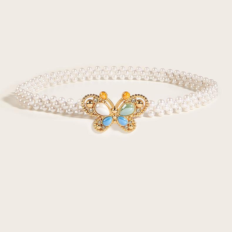 

Fashionable Elastic Waistband Women s Pearl Strand Belt Butterfly Clasp Spring Collection