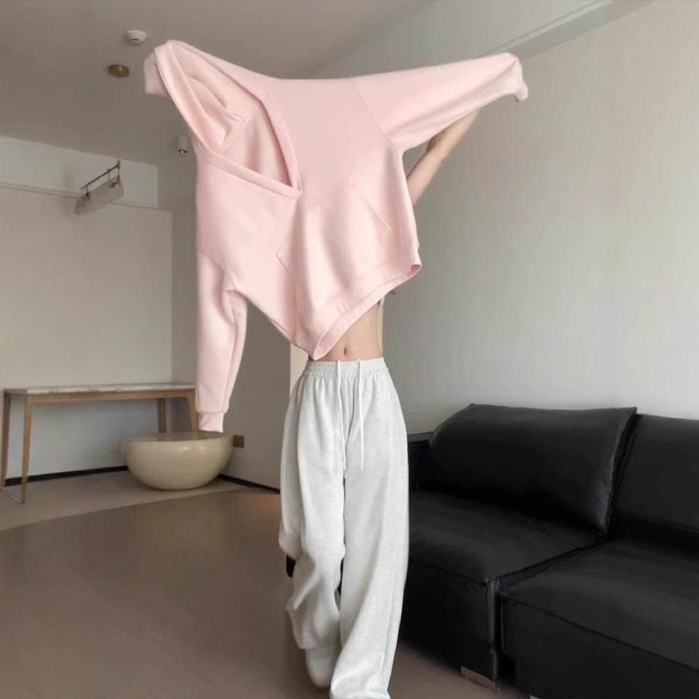 

Женский розовый худи с V-образным вырезом и капюшоном: Топ с длинным рукавом в корейском стиле 2025 года для весны/осени M