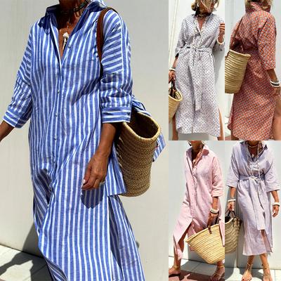 Women's New Five-quarter Sleeve Striped Cardigan Lapel Shirt Dress