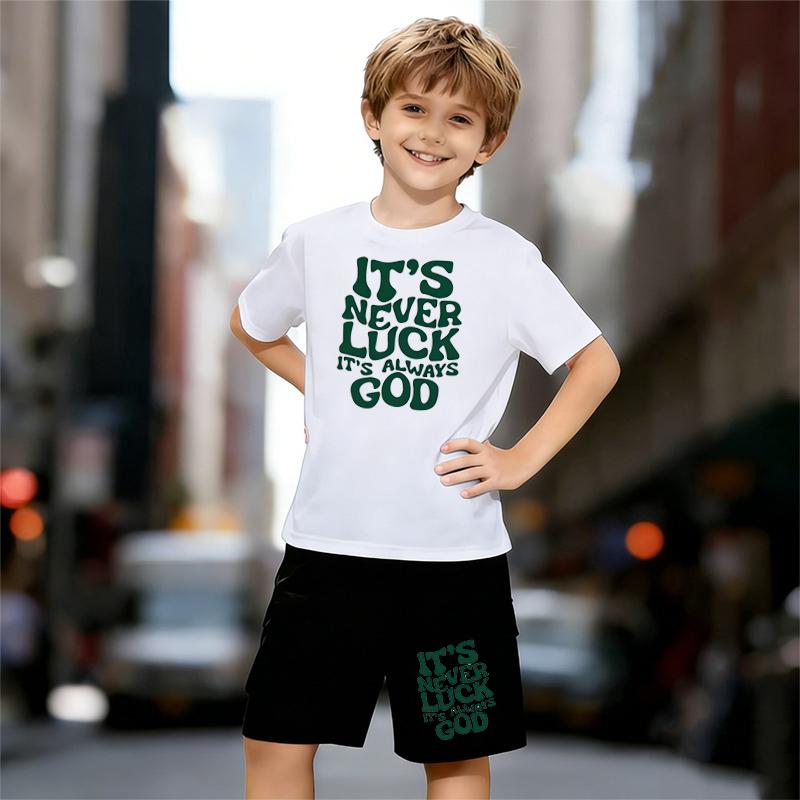 

Boys 2 Piece Faith Text Themed Printed Outfit, Short Sleeve T-Shirt and Shorts Set for Kids Age 5-14,Black and White Sporty Casual Summer Clothes 13-14 Years