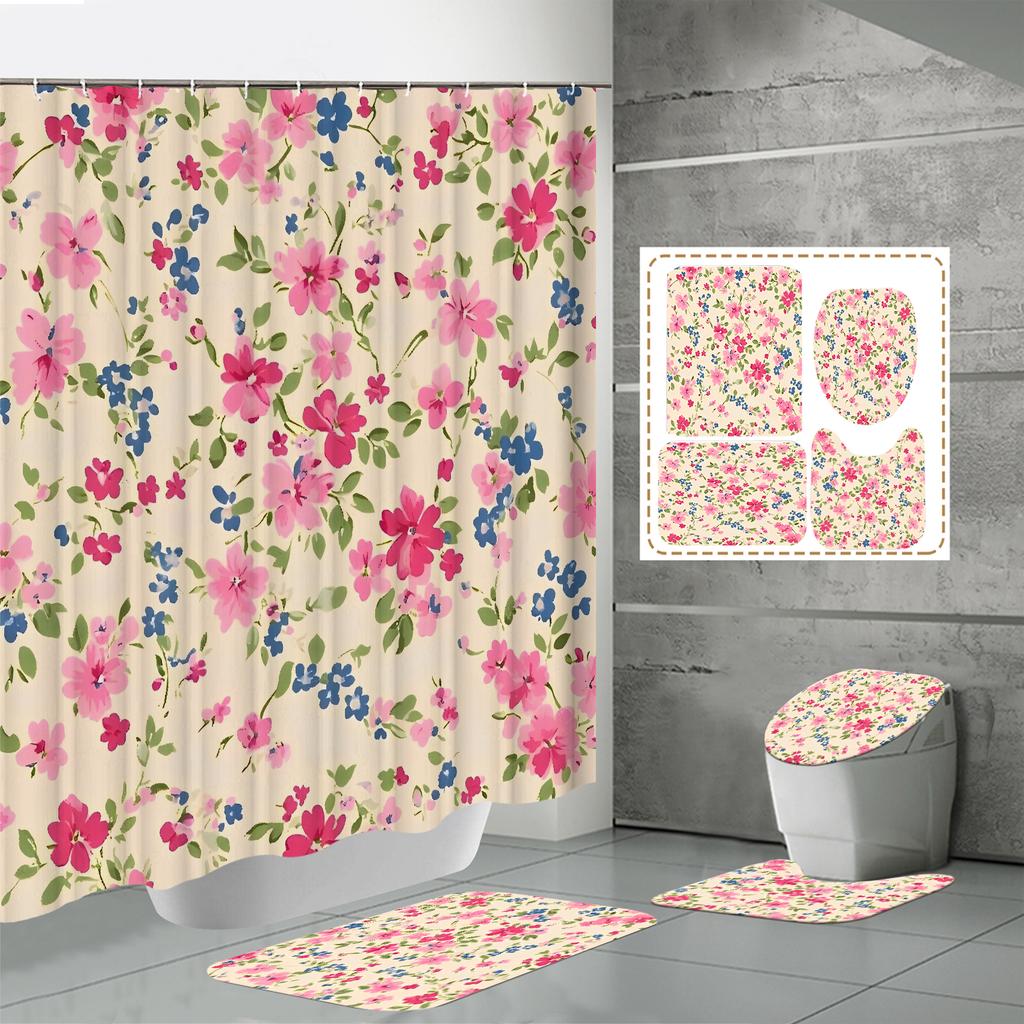 4PCS  Shower Curtain Sets With Shower Curtain And Rugs Toilet Lid Rug U Shape Mat And Bath Mat Bathroom Set  With 12 Hooks