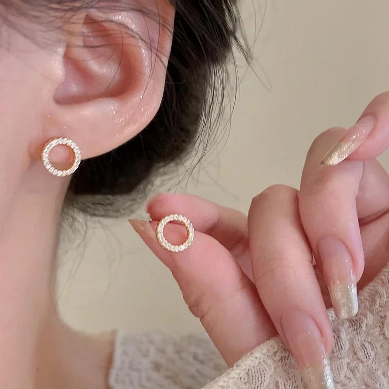 LATS Delicate Small Circle Stud Earrings for Women Gold Crystal Minimalist Summer Jewelry Party Accessories Gift