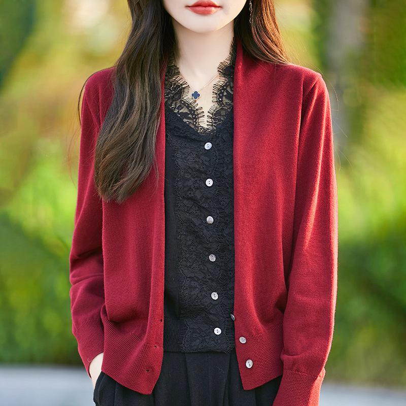 V-Neck Lace Knit Wool Cardigan Sweater - Faux Two-Piece, Long Sleeve Base Layer Top