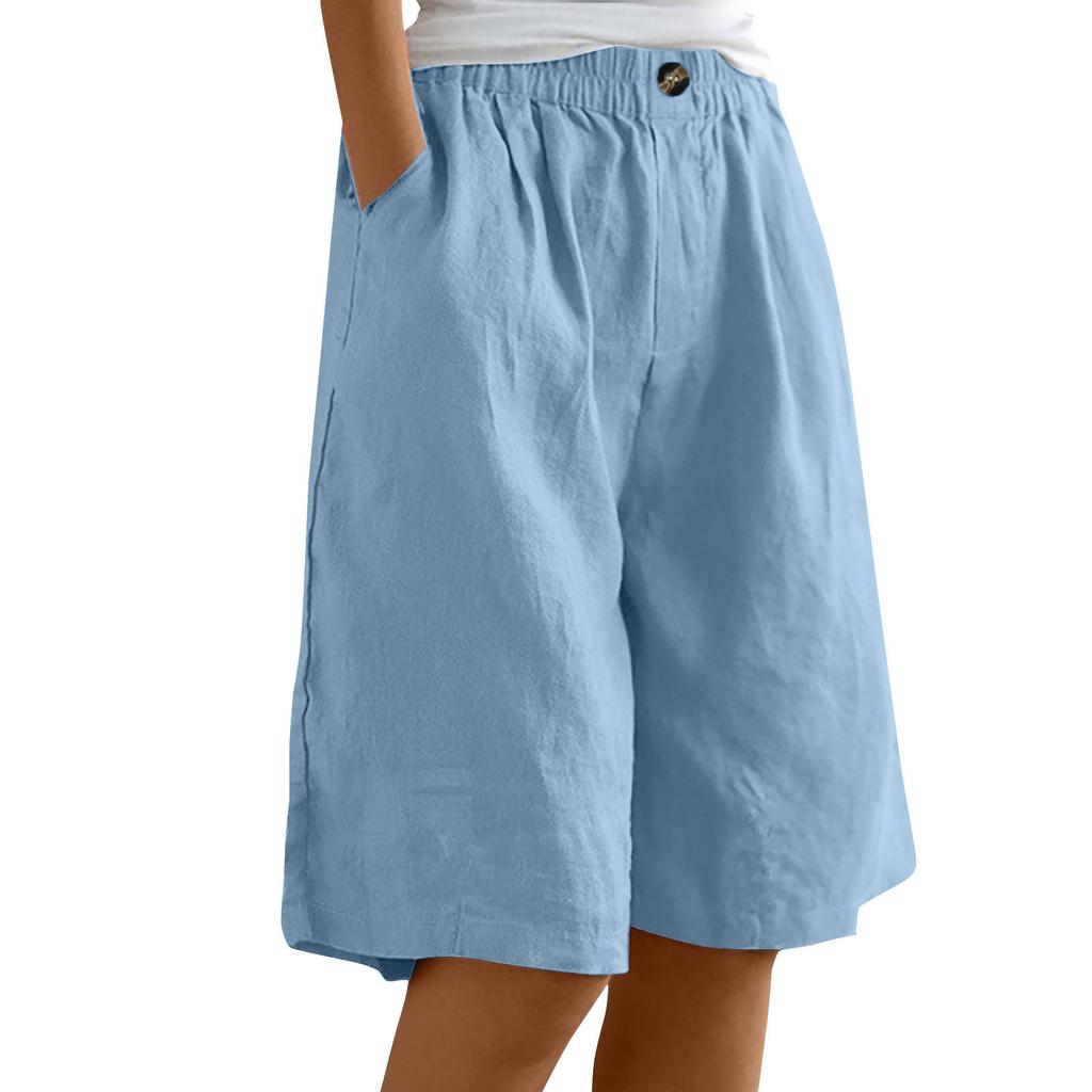 Women's High Waist Elastic Waistband Linen Bermuda Shorts Casual Loose Wide Leg Shorts With Side Pockets For Summer