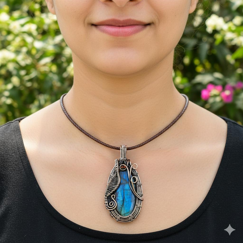 Handmade Labradorite Wire Wrapped Pendant Blue Flash Gemstone Necklace  Antique Copper Jewelry for Women & Men