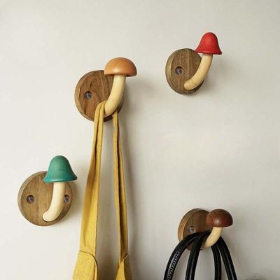 1set Wooden Mushroom Hooks, No Punch Solid Wood Mushroom Hanging Hooks, Coat Rack Behind Door Hooks for Entryway Kitchen Bathroom Cloakroom Door Hooks