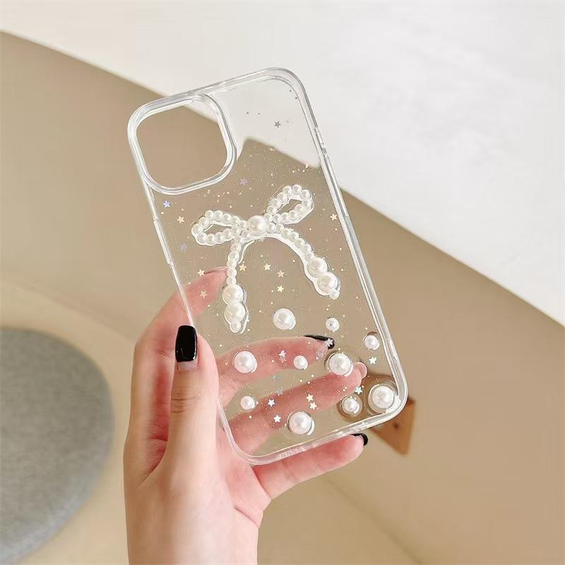 Applicable To iPhone14promax Mobile Phone Case Apple 15ins Wind Pearl Bow 16 Protective Case 13/17 Women