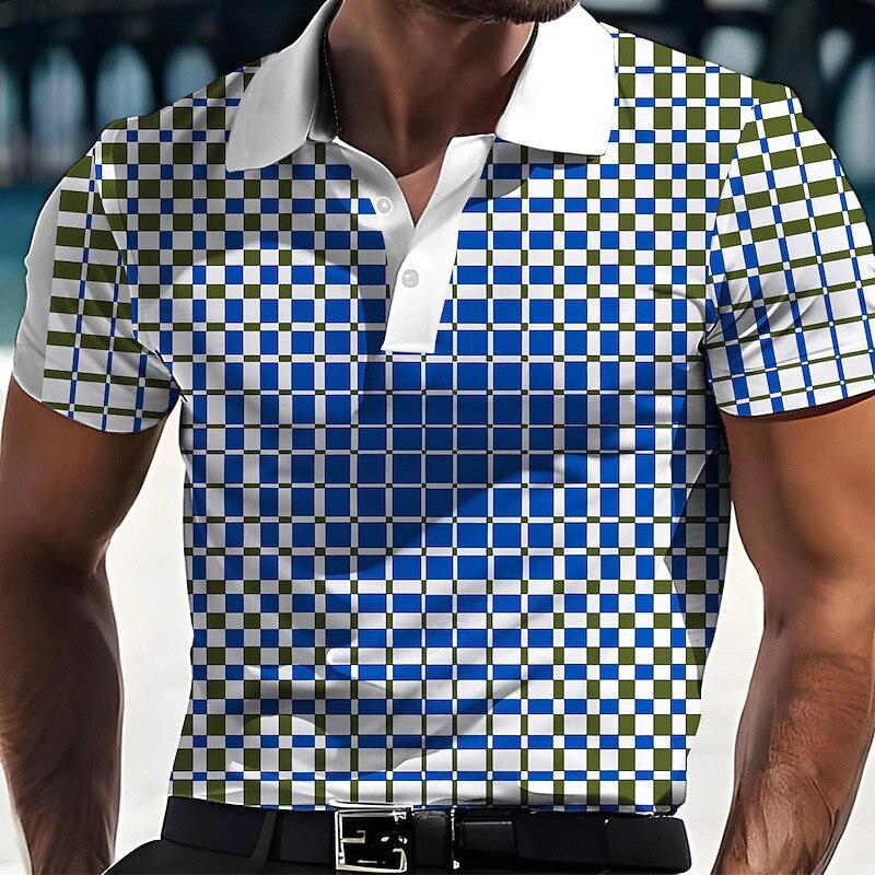 Fashionable Geometric Color Blocked Pattern 3D Digital Printing Men's Comfortable Polo Shirt