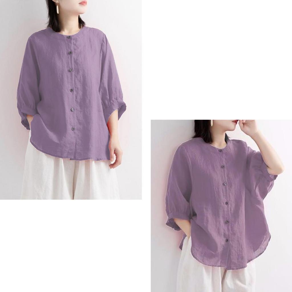 short round for loose fit [zuevichn] Women's T-shirt, sleeve, button-down shirt, top, neck, cut-and-sew, thin, breathable, commuting, (purple, XL)