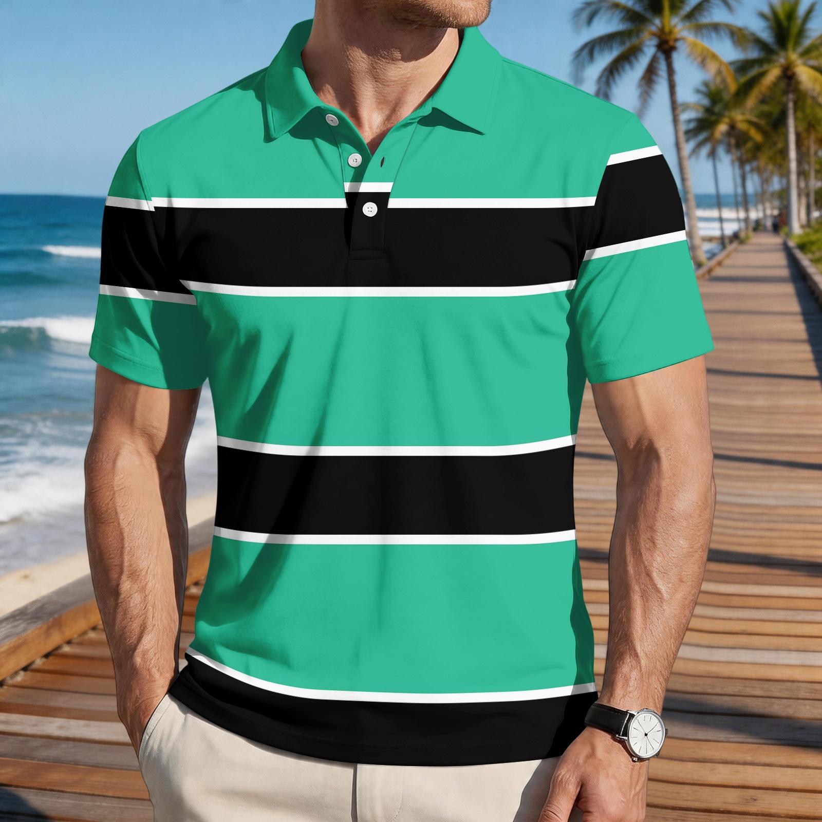 

Mens Loose Fit Casual Striped Print Short Sleeve Polo Shirt with Turn Down Collar Soft Breathable Fabric for Everyday Wear S зелёный
