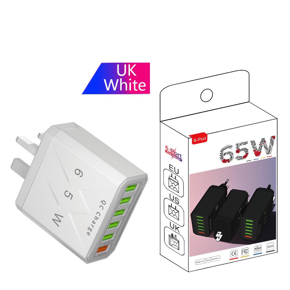 65W QC3.0 6-Port USB Fast Charger for Mobile Phones - US/EU/UK Standard