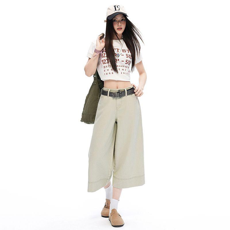 Trendy Summer Vintage High Waist Draped Wide Leg Straight Denim Cropped Capri Pants Versatile Slimming Classic Daily Pants