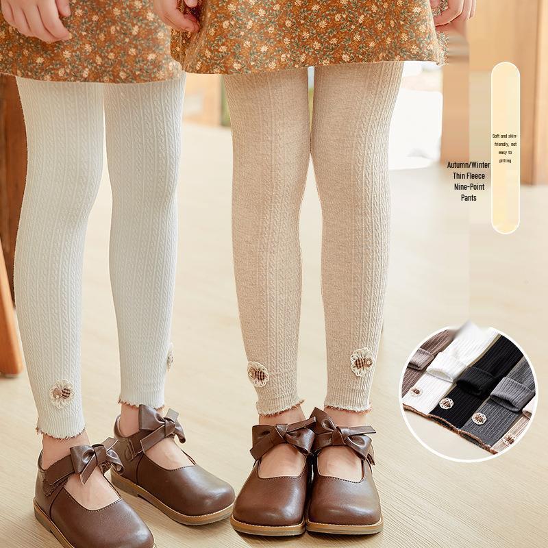 Girls' Fleece Lined Cable Knit Button Flower Tights - Nine-Point Length for Spring, Autumn, and Winter Wear