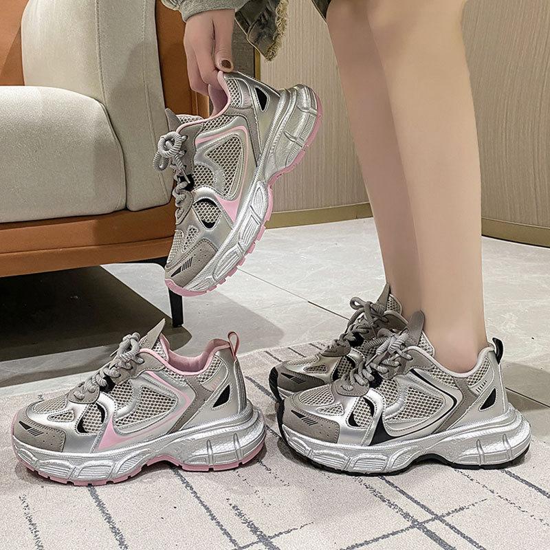 Sølv pappasko dame ny vår og høst allsidig Xiaoxiangfeng fritidssportssko høydeøkende løpesko