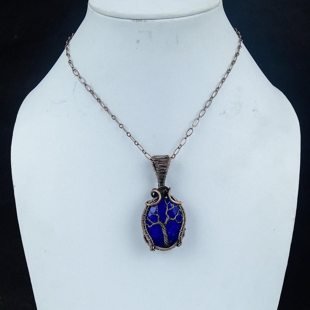 Blauer Saphir Anhänger, Handgefertigter Edelsteinanhänger, 999 Kupferdraht gewickelter Anhänger Antikschmuck, Für Verlobungsgeschenk