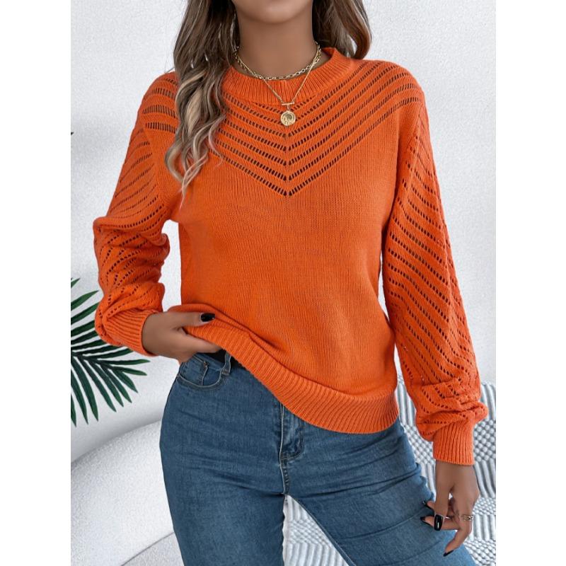 Elegant Round Neck Hollow Out Long Sleeve Pullover Sweater Women 2025 Fashion Sweet Autumn and Winter Casual Knitted Tops Solid Color Office Clothing
