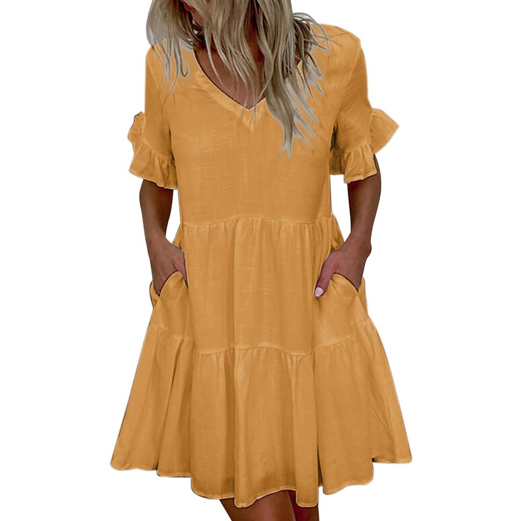 Wish Three-color Five-size Collar Solid-color Pocket Dress
