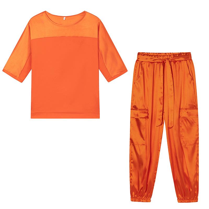 

Женский повседневный костюм-двойка: европейский и американский атласный топ с рукавом до локтя и брюки, 2024 год. XL