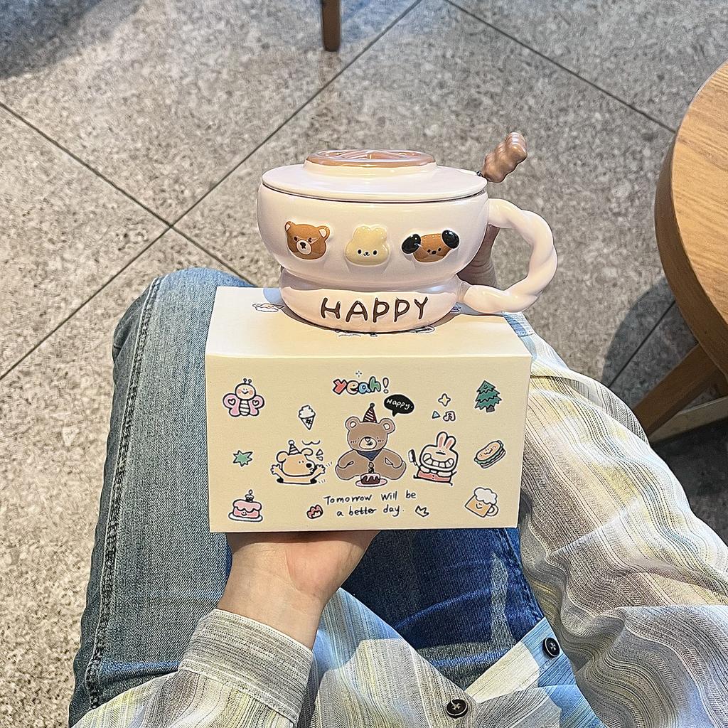 Süßer Reliefbecher mit Deckel Löffel Hoher Wert Ins Stil Keramikbecher Wasserbecher Mädchen Geburtstagsgeschenk Souvenir