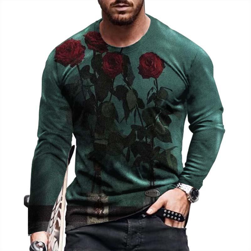 Casual Rose 3D Digital Printing Men'S Casual Fashion Long Sleeve Crew Neck T-Shirt