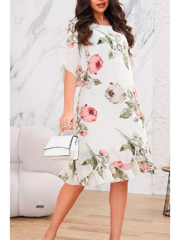 

Элегантное европейское и американское женское шифоновое платье свободного кроя с круглым вырезом и модным принтом 4XL белый