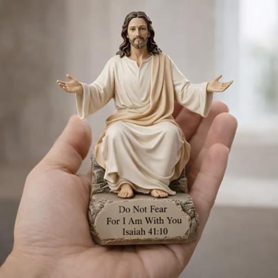 Statua di Gesù a braccia aperte con benedizione e base con versetto biblico Statuetta cristiana in resina Scultura religiosa ispiratrice per Scrivania Mensola Stanza di preghiera