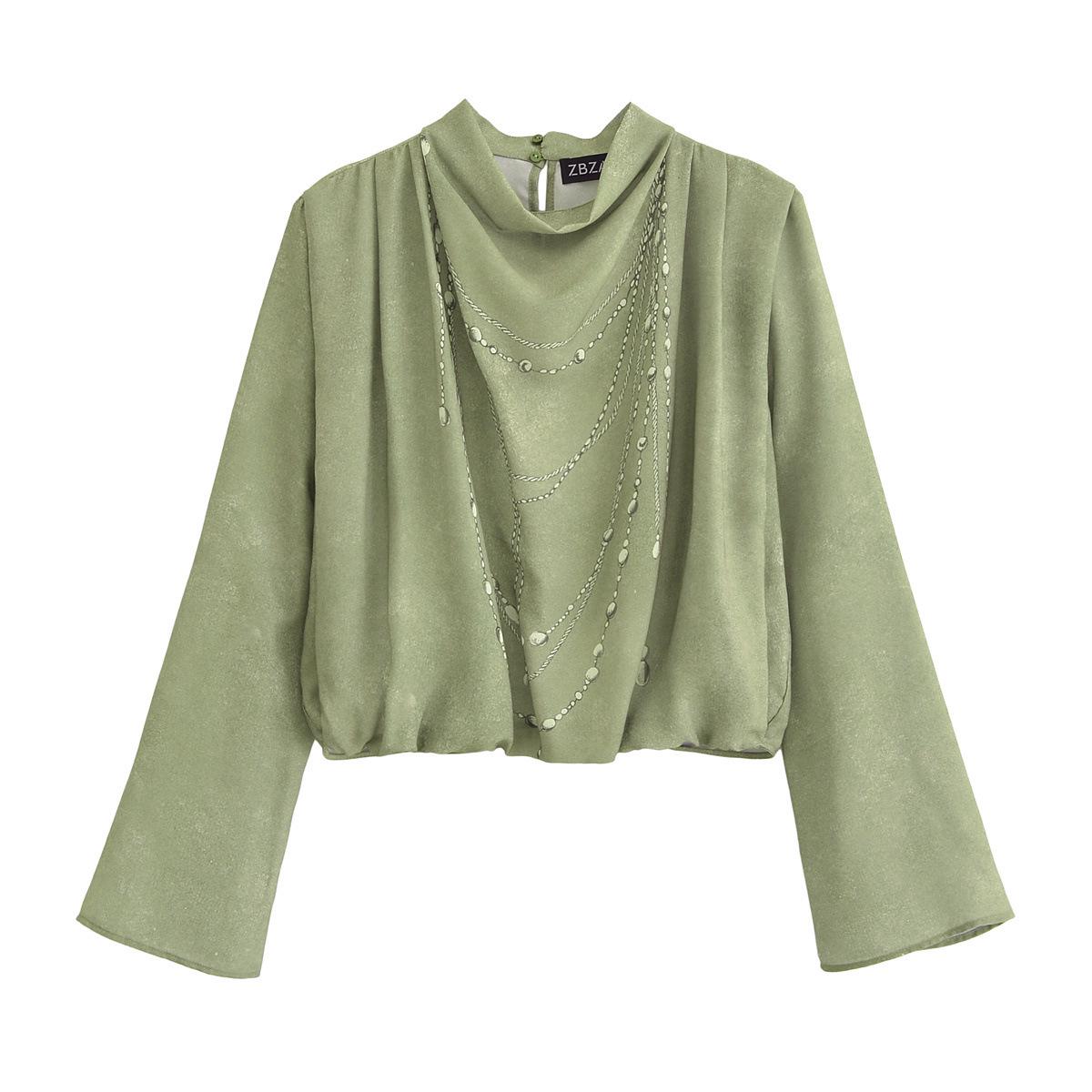 

2025 Spring Women s European & American Chain Decor Printed Long Sleeve Shirt M