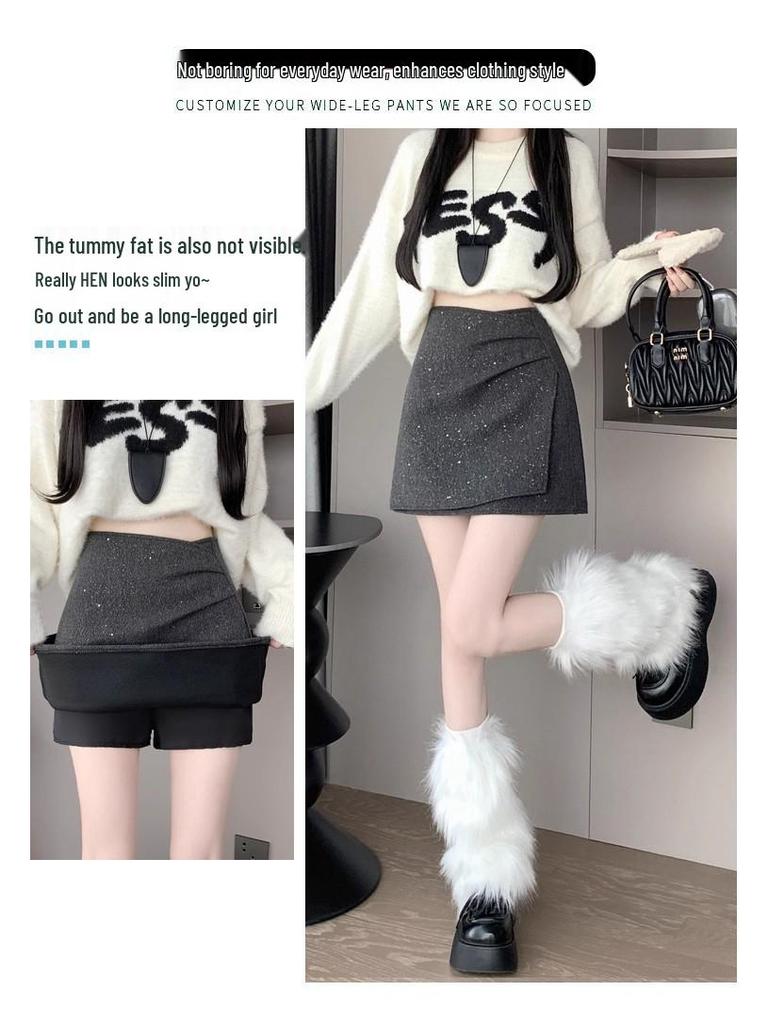 Black Sequined Woolen High-Waisted A-Line Skirt for Autumn/Winter - Slimming, Hip-Hugging, Irregular Hem, with Anti-Exposure Design.