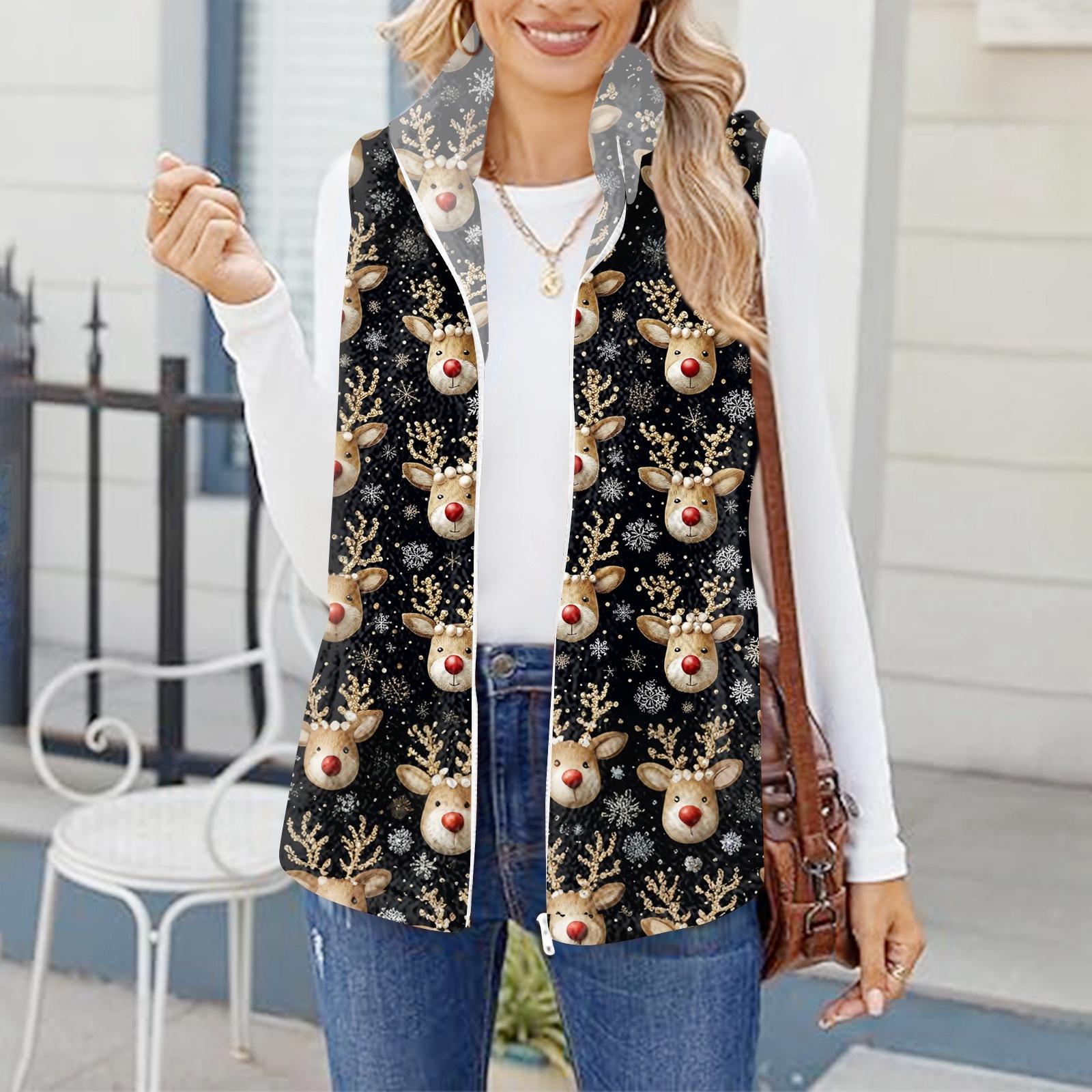 Женский зимний модный и теплый флисовый кардиган-жилет с принтом снежинок XL