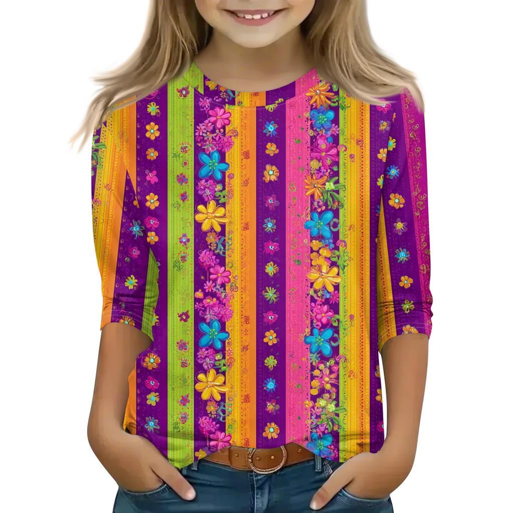 Print Tops For Youth Girls Round Neck 3/4 Sleeves T-Shirts Trendy Tops Outfit Tees