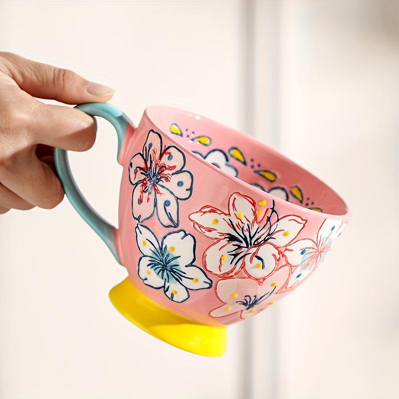 2pcs Floral Ceramic Mug Set 430ml/14.13oz, French Countryside Style with Vibrant Flowers,Butterflies, Reusable, Microwave Safe,for Hot & Cold Drinks,