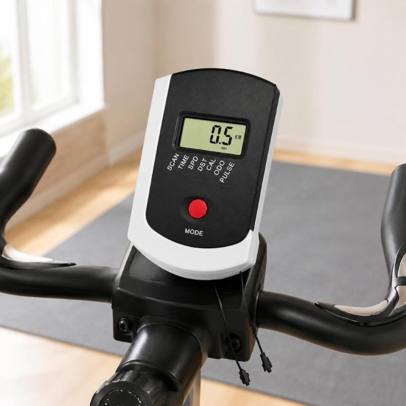 Exercise Equipment Monitor with LCD Workout Data Display, Single Mode Button, ABS Housing, and Attached Cable Leads with End Fittings