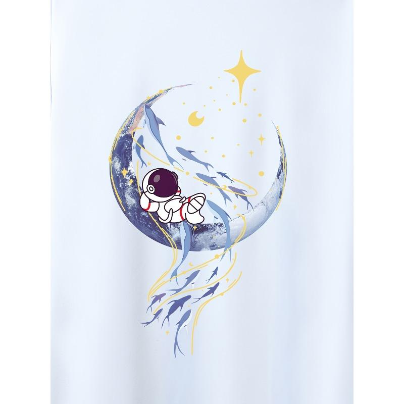 European Sizes Men's Casual Trendy Moon Astronaut Graphic Print Comfortable Crew Neck Short Sleeve T-shirt, Oversized Loose Clothing