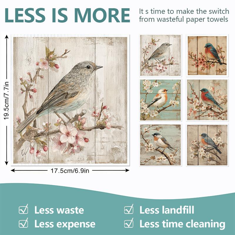 Cleaning Cloth Reusable Kitchen Dish Towels Eco-friendly Microfiber Bird Flowers Print Dishcloths Lint Free Washable Duster Rags Tea Towels 9*7inch