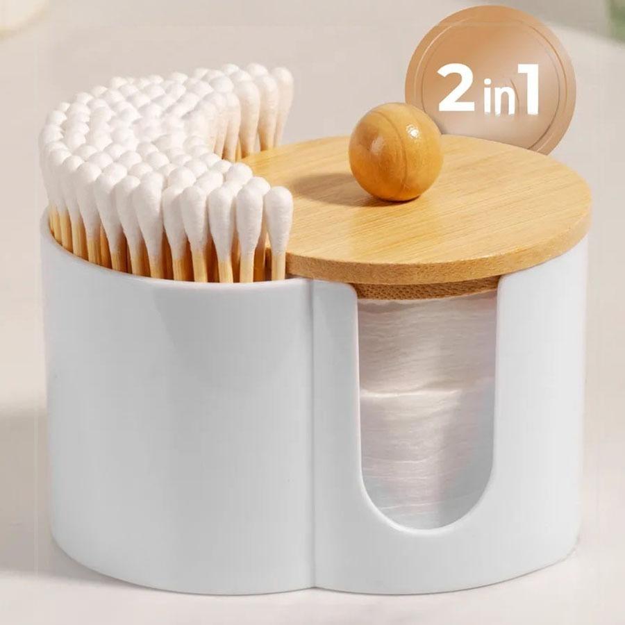 

2-in-1 Clear Cotton Pad Swab Organizer Bamboo Lid Dual Compartment Space Saving Bathroom Vanity Storage Box with Bamboo Cover білий