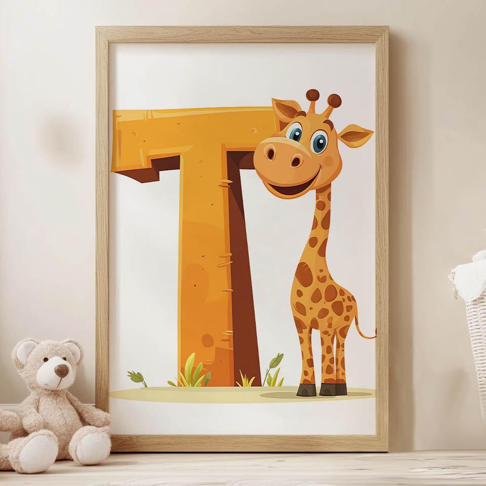 Poster Lächelnde Giraffe mit dem Buchstaben T Poster Lächelnde Giraffe mit dem Buchstaben T, 30X40 cm, Holzrahmen Dunkelbraun, Mattpapier 230 g/m²