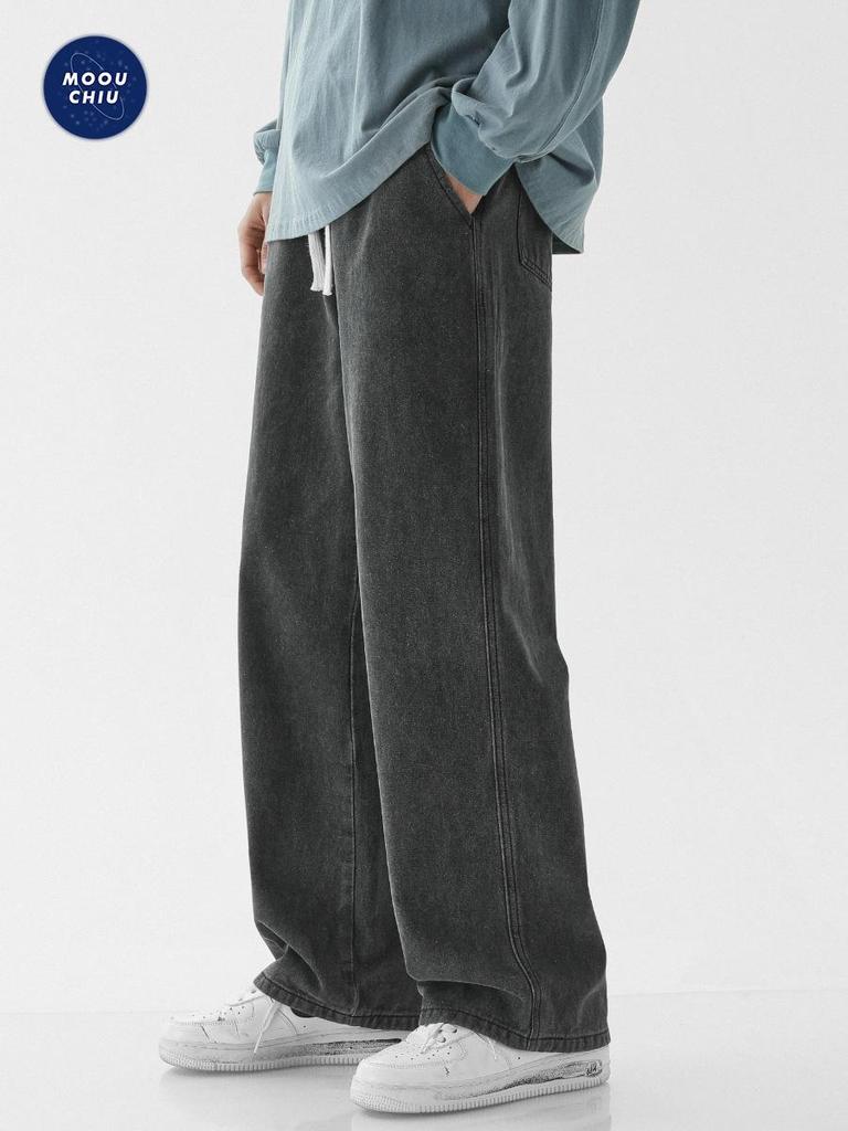Muxiu Men's Autumn/Winter Loose Straight-Leg Elastic Waist Jeans