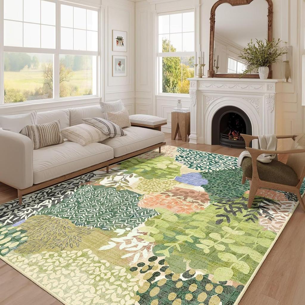 Naturpflanzen Druck Teppich Patchwork Design Wohnzimmerteppich Blattmuster Saugfähig Rutschfest Landhausstil Heimdeko Matte