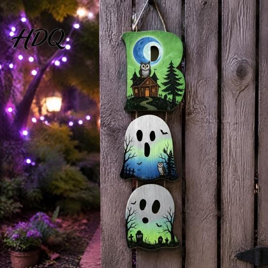 Layered Hanging Seasonal Ornament Halloween Wooden BOO Sign Creative Letter Pendants Vintage Ghost Pumpkin Black Cat