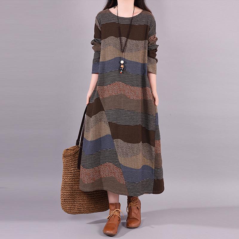 

Весеннее женское платье миди из хлопка и льна в полоску пэчворк с круглым вырезом и длинными рукавами, 2025 XL кофейный