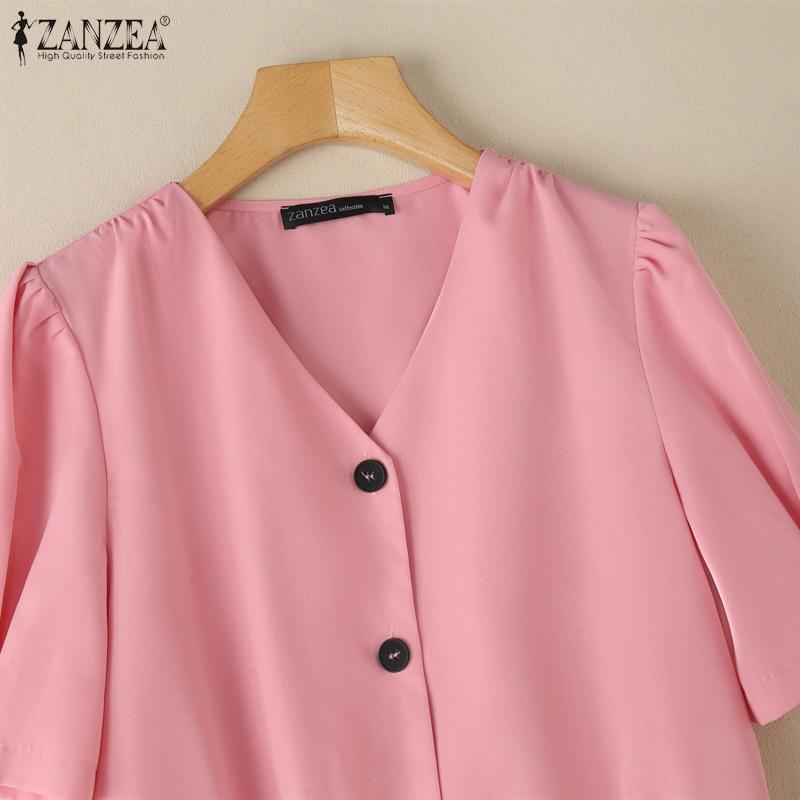 ZANZEA Women Casual V-Neck Solid Color Summer Short Sleeve Blouse