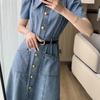 High-End Blue Retro Denim Summer Dress for Women 2026: Slimming Waist-Cinched, Temperament Fashion, Long Commute Style