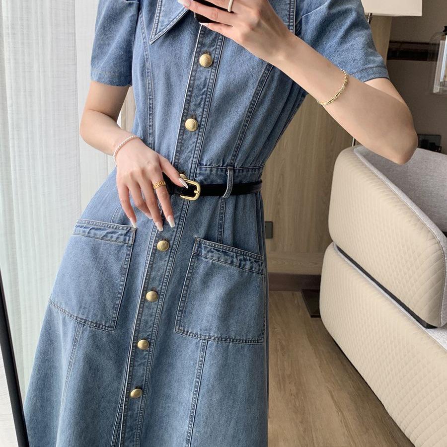 High-End Blue Retro Denim Summer Dress for Women 2026: Slimming Waist-Cinched, Temperament Fashion, Long Commute Style