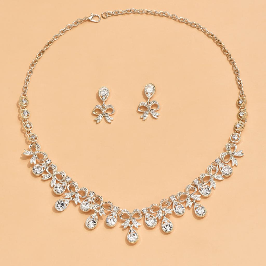 3 pcs women's jewelry set with rhinestones, bow necklaces, earrings, bridal wedding accessories