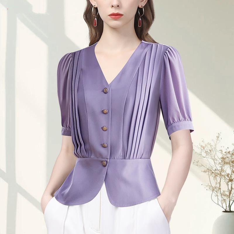 French Design Chic Short-sleeved Shirt for Women with Five-quarter Sleeve Chiffon Shirt Top Temperament V-neck