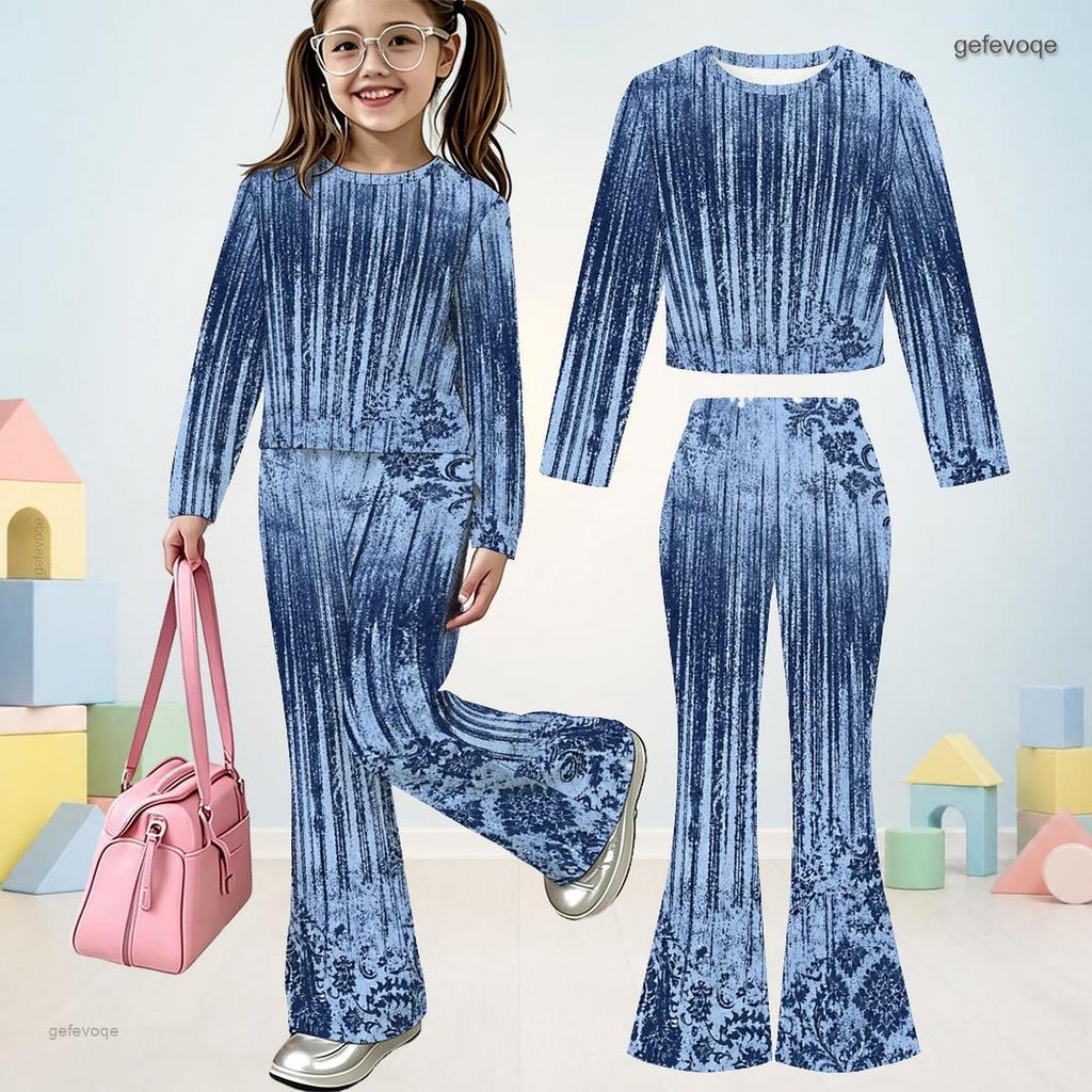 Girls Abstract Printed Round Neck Long Sleeve Top And Flared Pants Two Piece Set