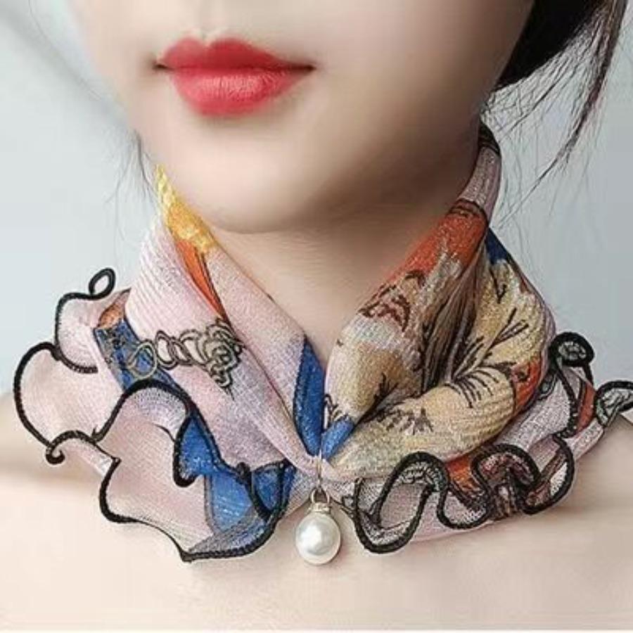 18 Estilos Bufanda de Seda Dorada para Dama con Encaje de Orejas de Madera Perlada Bufanda Variedad Bufanda Cuadrada de Moda Bufanda de Seda Multifuncional